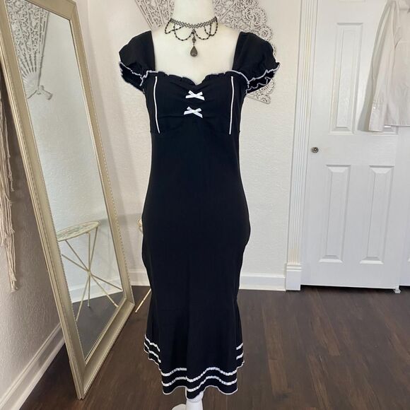 Vintage Gothic Whimsygoth Goth Black White Lolita Milkmaid Bow Midi Dress M - Picture 6 of 8